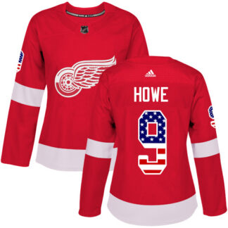 Adidas Detroit Red Wings #9 Gordie Howe Red Home Authentic USA Flag Women’s Stitched NHL Jersey