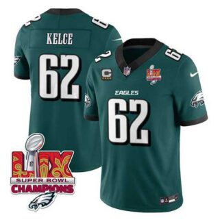 Men & Women & Youth Philadelphia Eagles #62 Jason Kelce Green 2025 Eagles Logo Super Bowl LIX Patch And 4-Star C Pa...