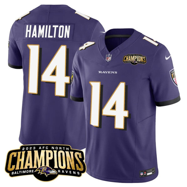 Men's Baltimore Ravens #14 Kyle Hamilton Purple 2023 F.U.S.E. AFC North Champions Vapor Limited Football Stitched J...