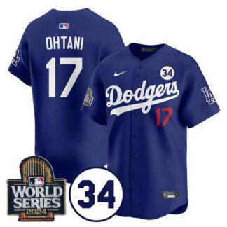 Men's Los Angeles Dodgers #17 Shohei Ohtani Royal 2024 World Series With No. 34 Patch Cool Base Stitched Jersey Dzhi