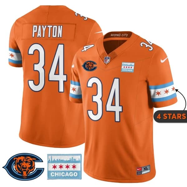 Men's Chicago Bears #34 Walter Payton Orange City Edition F.U.S.E. With Chicago Flag Vapor Untouchable Limited Stit...