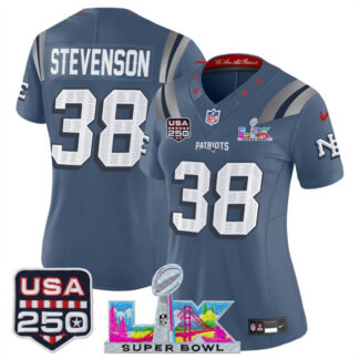 Women's New England Patriots #38 Rhamondre Stevenson Storm Blue 2025 F.U.S.E. Super Bowl LX & USA 250' Patch “Rival...