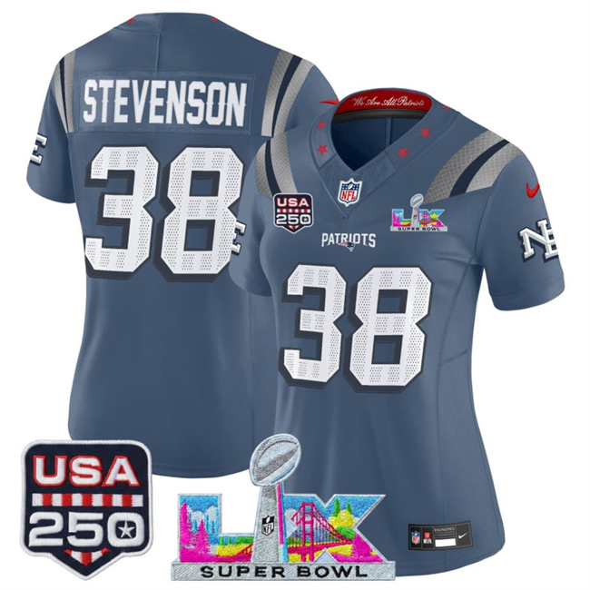 Women's New England Patriots #38 Rhamondre Stevenson Storm Blue 2025 F.U.S.E. Super Bowl LX & USA 250' Patch “Rival...