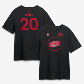 Men's Carolina Hurricanes #20 Sebastian Aho Black 2026 Stanley Cup Champions Pro Name & Number T-Shirt