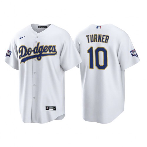 Los Angeles Los Angeles Dodgers #10 Justin Turner Men’s Nike 2021 Gold Program World Series Champions MLB Jersey Wh...