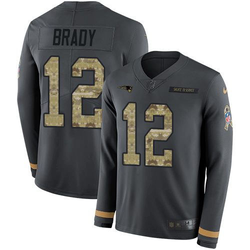 Nike New England Patriots #12 Tom Brady Anthracite Salute to Service Youth Stitched NFL Limited Therma Long Sleeve...