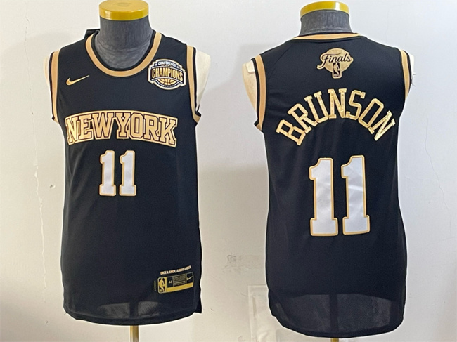 Men's New Yok Knicks #11 Jalen Brunson Black Gold 2026 Finals & Eastern Conference Champions Patch Stitched Jersey