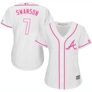 Women Atlanta Braves #7 Dansby Swanson White Pink New Cool Base Jersey JiaSu
