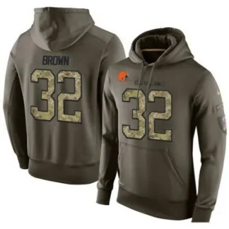 NFL Men's Cleveland Browns #32 Jim Brown Stitched Green Olive Salute To Service KO Performance Hoodie