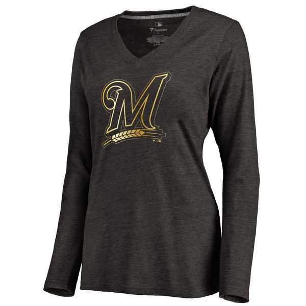 Women Milwaukee Brewers Gold Collection Long Sleeve Tri-Blend T-Shirt LanTian - Black