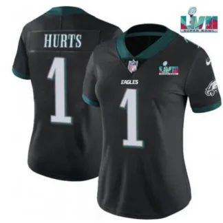 Women's Philadelphia Eagles #1 Jalen Hurts Black Super Bolw LVII Patch Vapor Untouchable Limited Stitched Football...