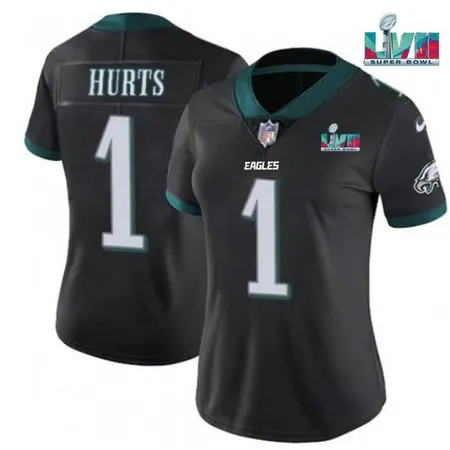 Women's Philadelphia Eagles #1 Jalen Hurts Black Super Bolw LVII Patch Vapor Untouchable Limited Stitched Football...