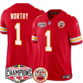 Men's Kansas City Chiefs #1 Xavier Worthy Red F.U.S.E. 2024 AFC West Division Champions Vapor Limited Stitched Foot...