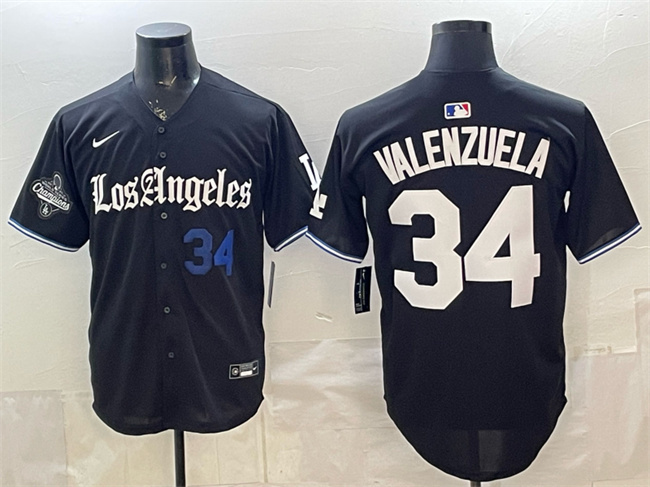 Men's Los Angeles Dodgers #34 Fernando Valenzuela Black 2025 World Series Champions Patch 'Gothic Edition' Vapor Pr...
