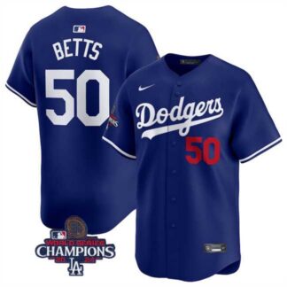 Men's Los Angeles Dodgers #50 Mookie Betts Royal 2024 World Series Champions Alternate Limited Stitched Baseball Je...