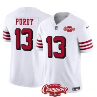Men's San Francisco 49ers #13 Brock Purdy White 2023 F.U.S.E. NFC West Champions Patch Alternate Stitched Football...