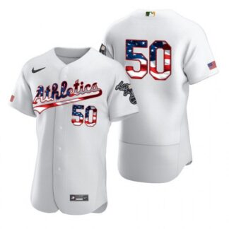 Oakland Athletics #50 Mike Fiers Men’s Nike White Fluttering USA Flag Limited Edition Authentic MLB Jersey