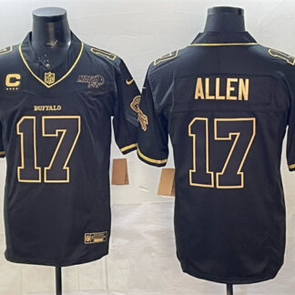 Men's Buffalo Bills #17 Josh Allen Black Gold 2025 F.U.S.E. âRivalriesâ With Bills Mafia Patch & 4-Star C Patch...
