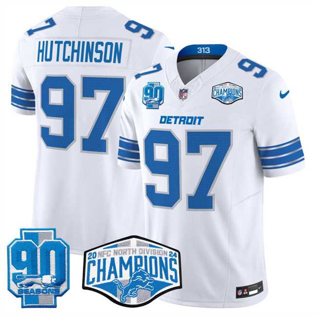 Men's Detroit Lions #97 Aidan Hutchinson White 2024 NFC North Champions 90th Anniversary Patch F.U.S.E. Vapor Limit...