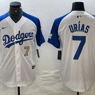 Mens Los Angeles Dodgers #7 Julio Urias Number White Blue Fashion Stitched Cool Base Limited Jersey