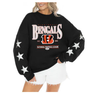 Women's Cincinnati Bengals Gameday Couture Black Rhinestone Star Sleeve Settle the Score Oversized Tri-Blend Pullover