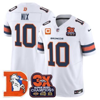 Men's & Women's & Youth Denver Broncos #10 Bo Nix White F.U.S.E. 3-Time Champions Throwback Vapor Limited Stitched...