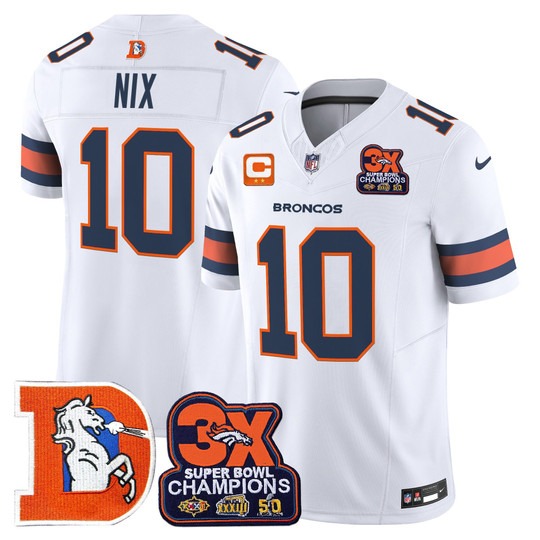 Men's & Women's & Youth Denver Broncos #10 Bo Nix White F.U.S.E. 3-Time Champions Throwback Vapor Limited Stitched...
