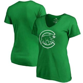 Women Chicago Cubs Fanatics Branded Green St. Patrick's Day White Logo V Neck T-Shirt