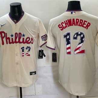 Men's Philadelphia Phillies #12 Kyle Schwarber Cream USA 250 Fourth of July Home Stitched Baseball Jersey