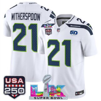 Youth Seattle Seahawks #21 Devon Witherspoon White 2025 F.U.S.E. Super Bowl LX Patch And 50th Season & USA 250' Pat...
