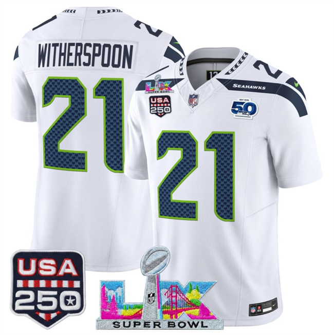 Youth Seattle Seahawks #21 Devon Witherspoon White 2025 F.U.S.E. Super Bowl LX Patch And 50th Season & USA 250' Pat...